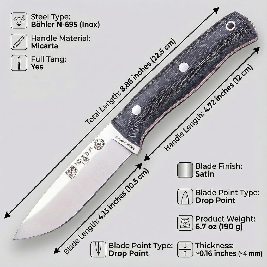 Joker Bushcraft Sports Knife Lynx 111, Blade 4.13 inches of Böhler N695, Available in different case and handle options, Tool for Fishing, Hunting, Camping and Hiking (Micarta Canvas, Kydex Sheath + FireStarter)
