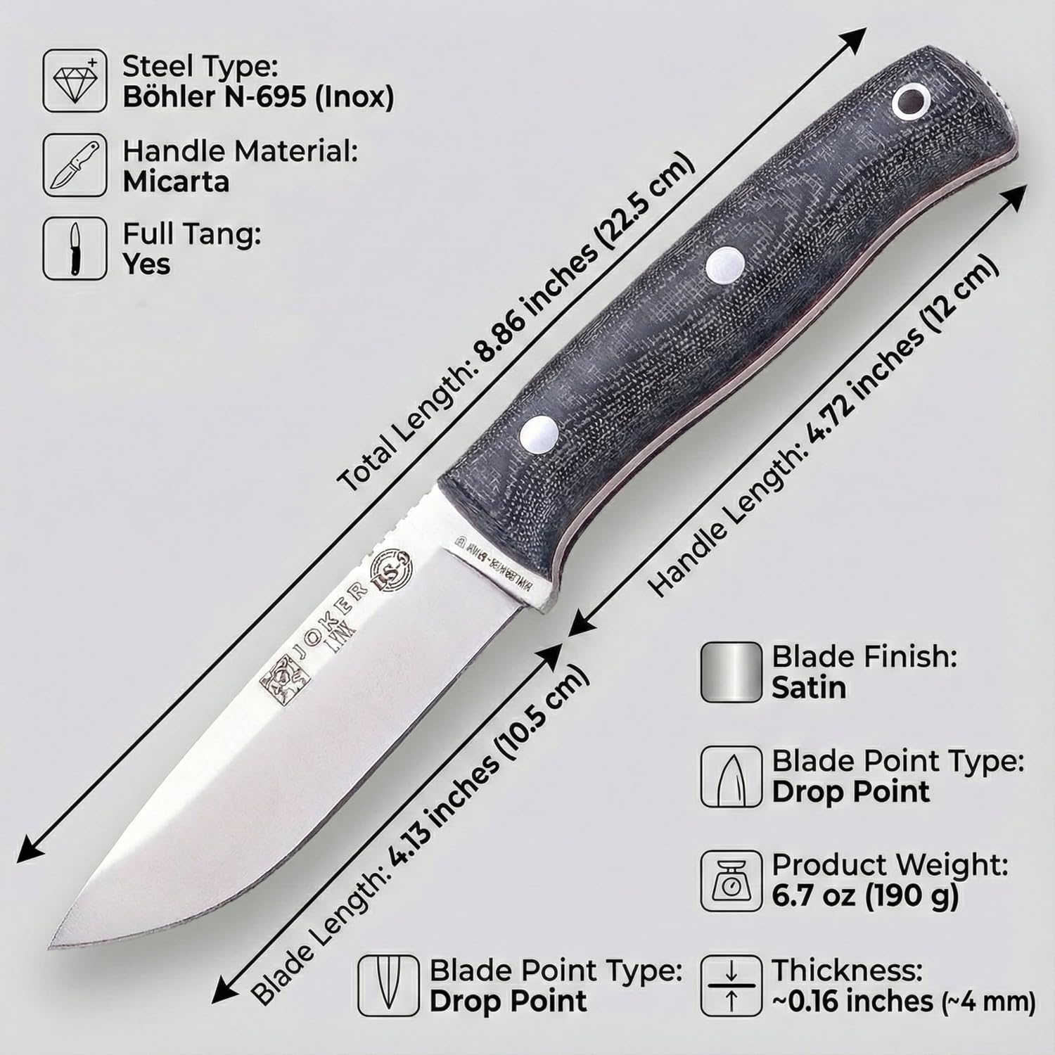 Joker Bushcraft Sports Knife Lynx 111, Blade 4.13 inches of Böhler N695, Available in different case and handle options, Tool for Fishing, Hunting, Camping and Hiking (Micarta Canvas, Kydex Sheath + FireStarter)