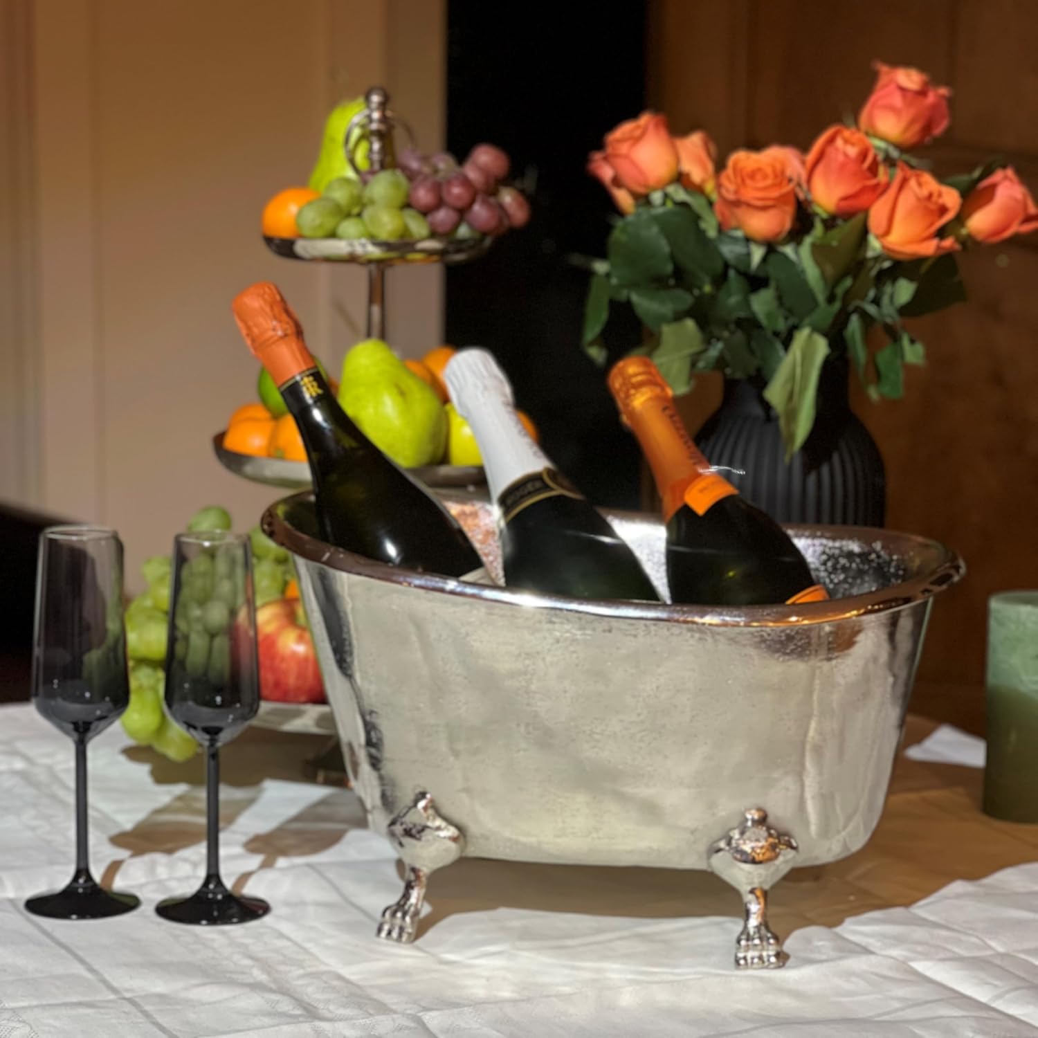 Le Bain Champagne and Wine Ice Bucket, Bathtub Shaped Claw Foot, Multi-Bottle - Large Capacity, Silver Aluminum Nickle, 16.5 Inches Long, Handmade