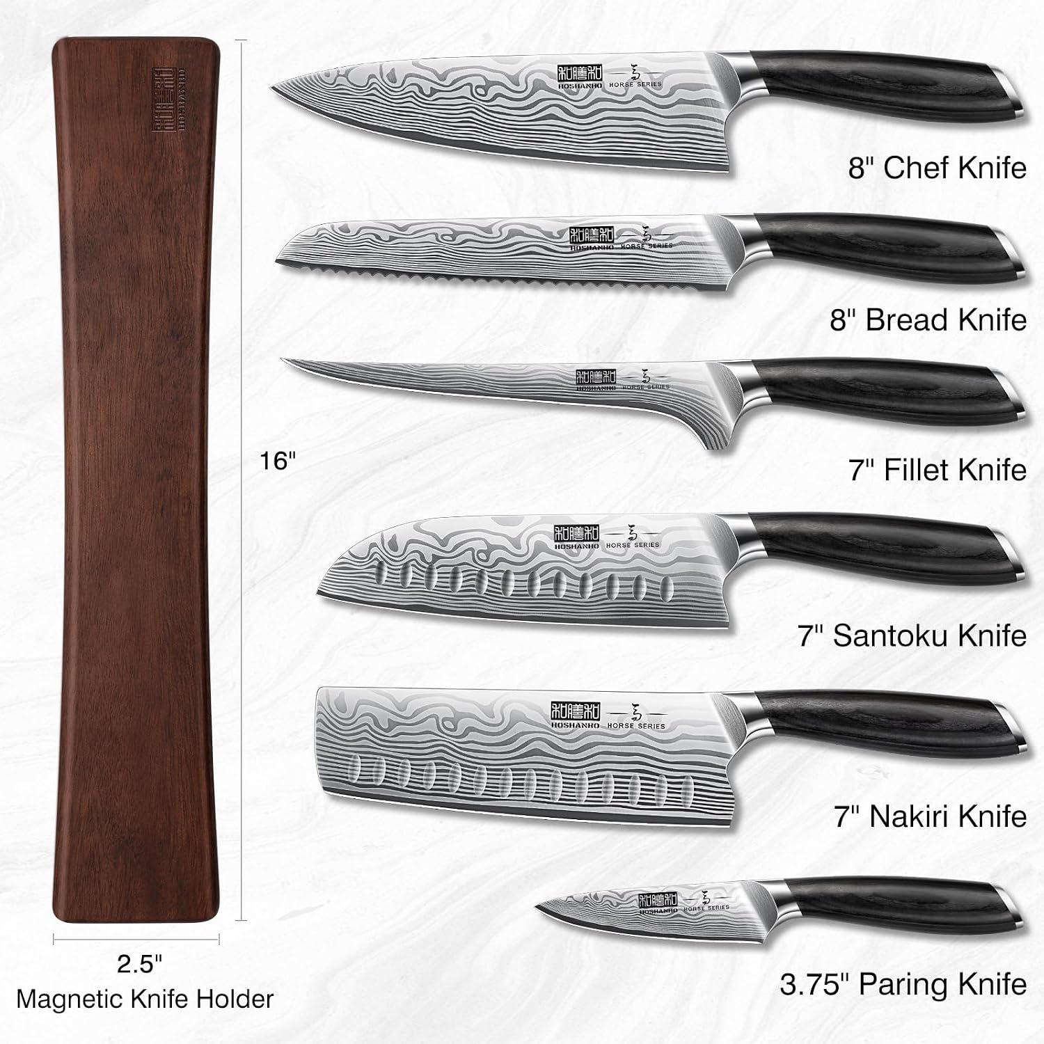 HOSHANHO 7 Pieces Knife Set with Magnetic Knife Holder, Ultra Sharp Powder Steel Kitchen Knives Set, Professional Chef Knife Sets with Ergonomic Pakkawood Handle