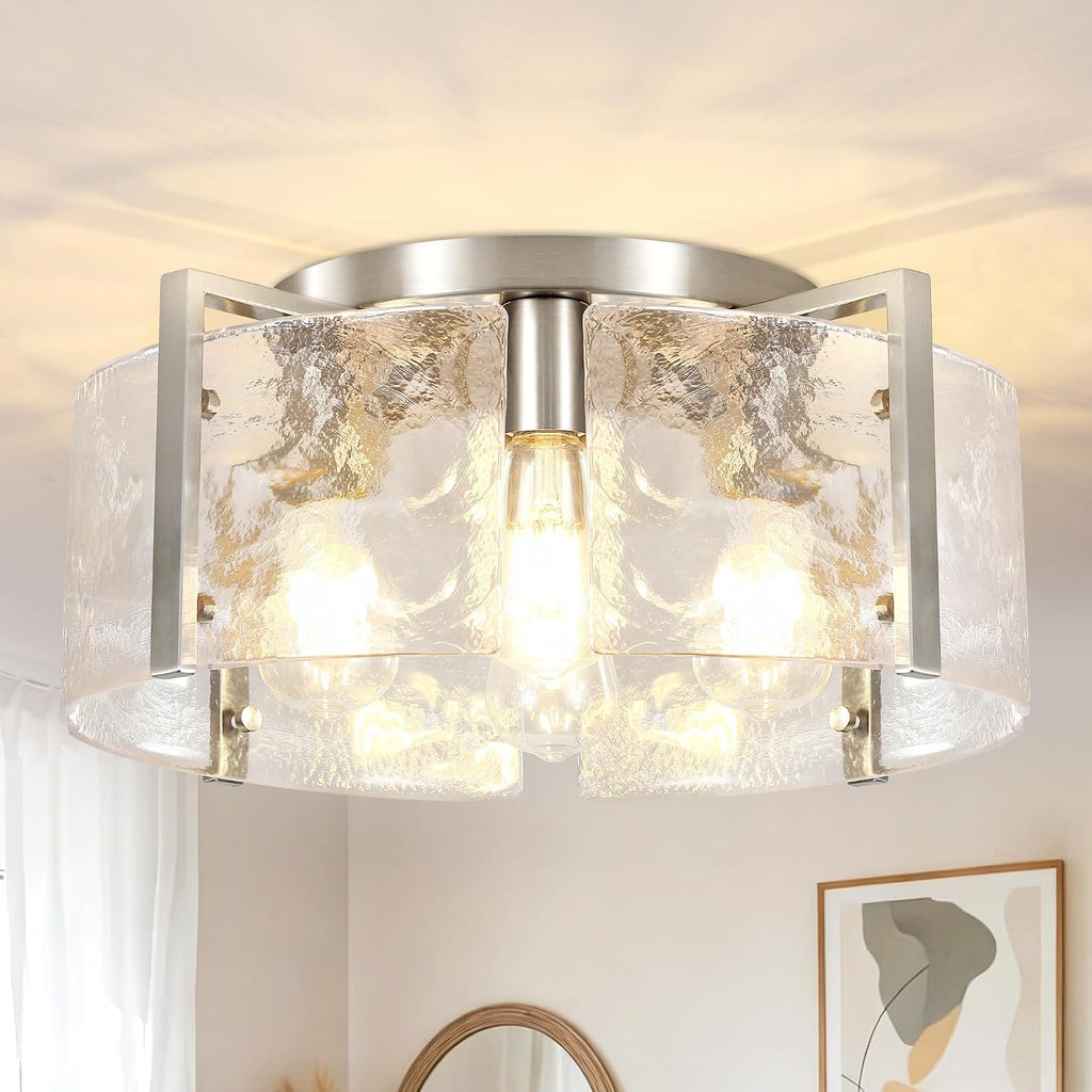 Modern Brushed Nickel Semi Flush Mount Ceiling Light, 4-Light Glass Drum Flush Mount Light Farmhouse Lights Kitchen Lighting Fixtures for Foyer Entryway Hallway Bathroom Bedroom Laundry Room