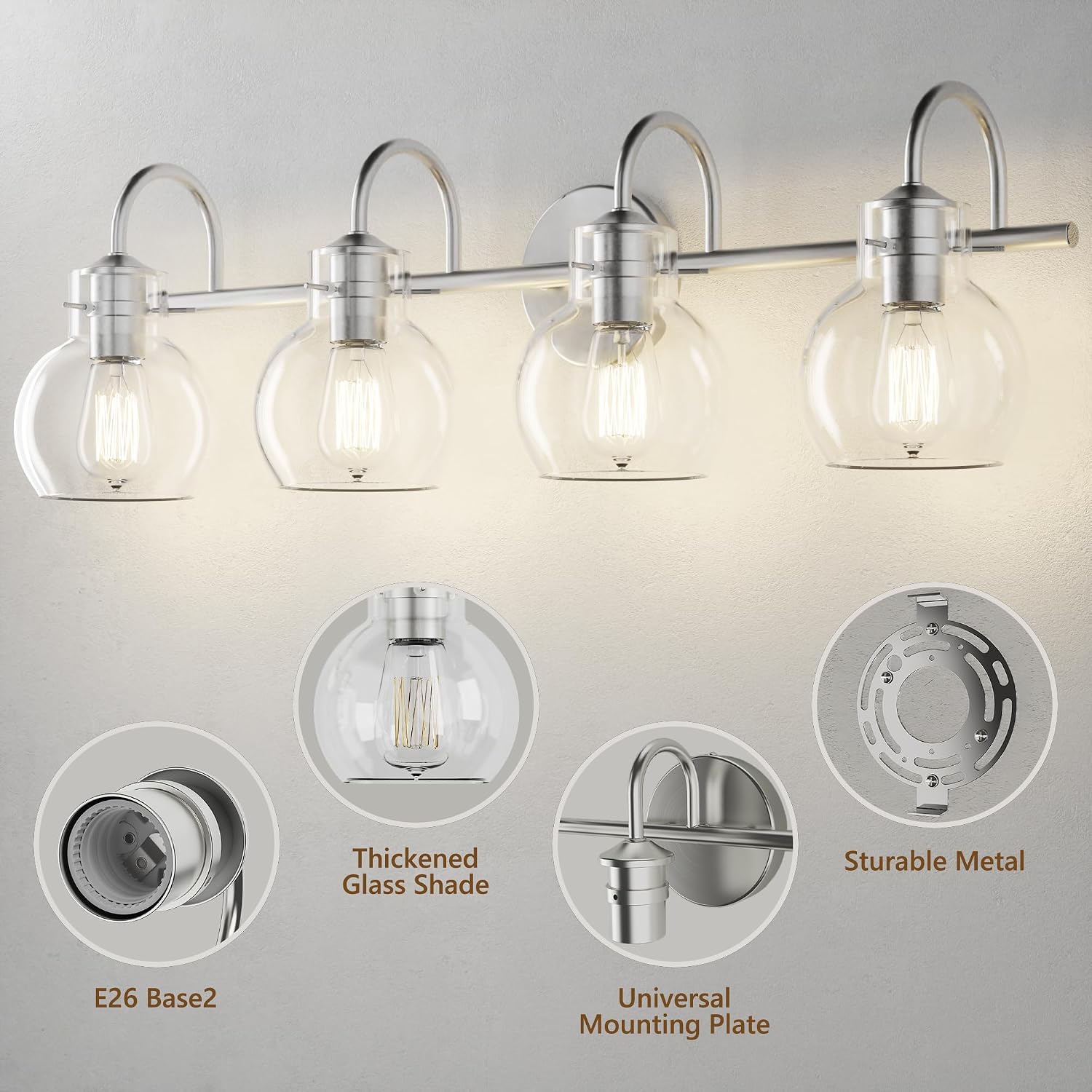 4-Light Bathroom Light Fixtures, Brushed Nickel Vanity Light, Farmhouse Wall Lights with Clear Glass Shade, Bathroom Wall Lamp for Mirror Kitchen Bedroom Hallway Living Room Hallway Cabinet