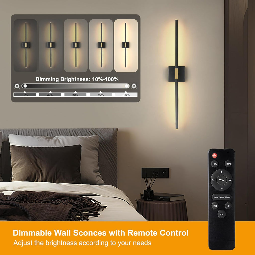 Morauroral 36 Inch Battery Operated Wall Sconces Set of 2, Dimmable Battery Wall Sconce with Remote Control, Black Gold LED Rechargeable Sconces, Modern Wireless Wall Lights for Bedroom, Living Room