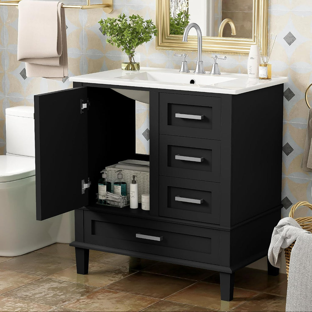 30' Black Bathroom Vanity with Sink Combo Set, Modern Storage Cabinet with a Soft Closing Door and 3 Drawers, Solid Wood Frame