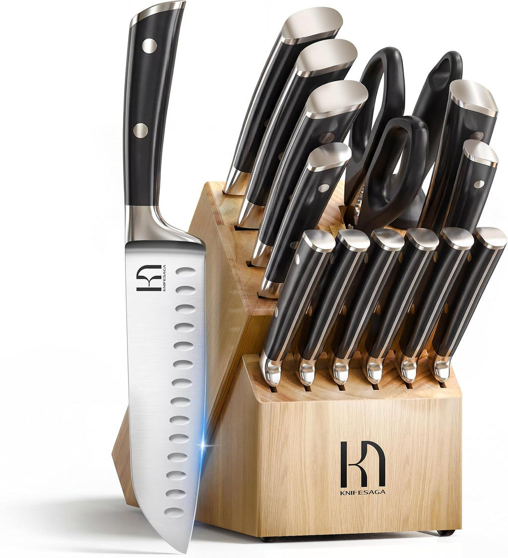 KnifeSaga Knife Set with Block, Japanese 15 PCS Ultra Sharp Ktichen Knives Set, High Carbon Stainless Steel Knife Block Set with Sharpener, Professional Knives with Ergonomic Handle for Home Chefs
