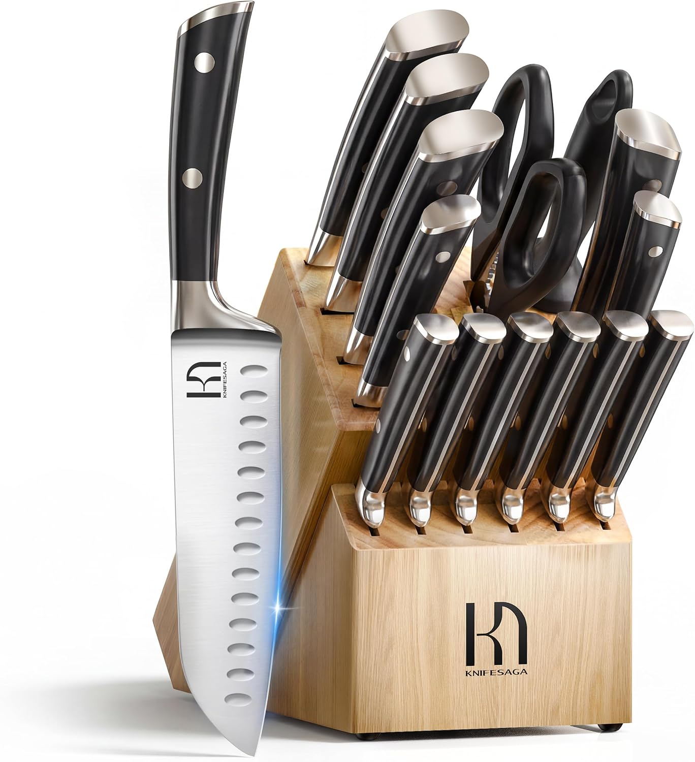 KnifeSaga Knife Set with Block, Japanese 15 PCS Ultra Sharp Ktichen Knives Set, High Carbon Stainless Steel Knife Block Set with Sharpener, Professional Knives with Ergonomic Handle for Home Chefs
