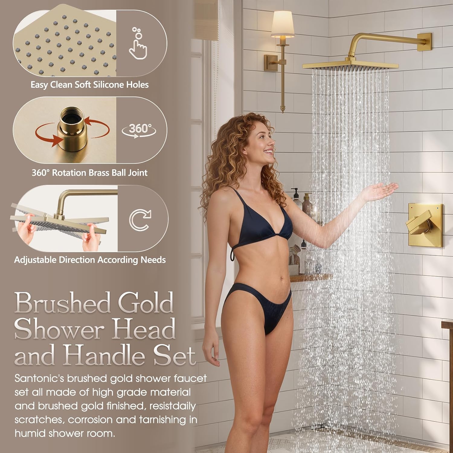 Replacement for Delta Shower Trim Kit Modern 14 Series, 10-Inch Brushed Gold Shower Head and Handle Set, Bathroom Shower Faucet Set with 16-Inch Shower Arm(Valve and Cartridge Not Included)