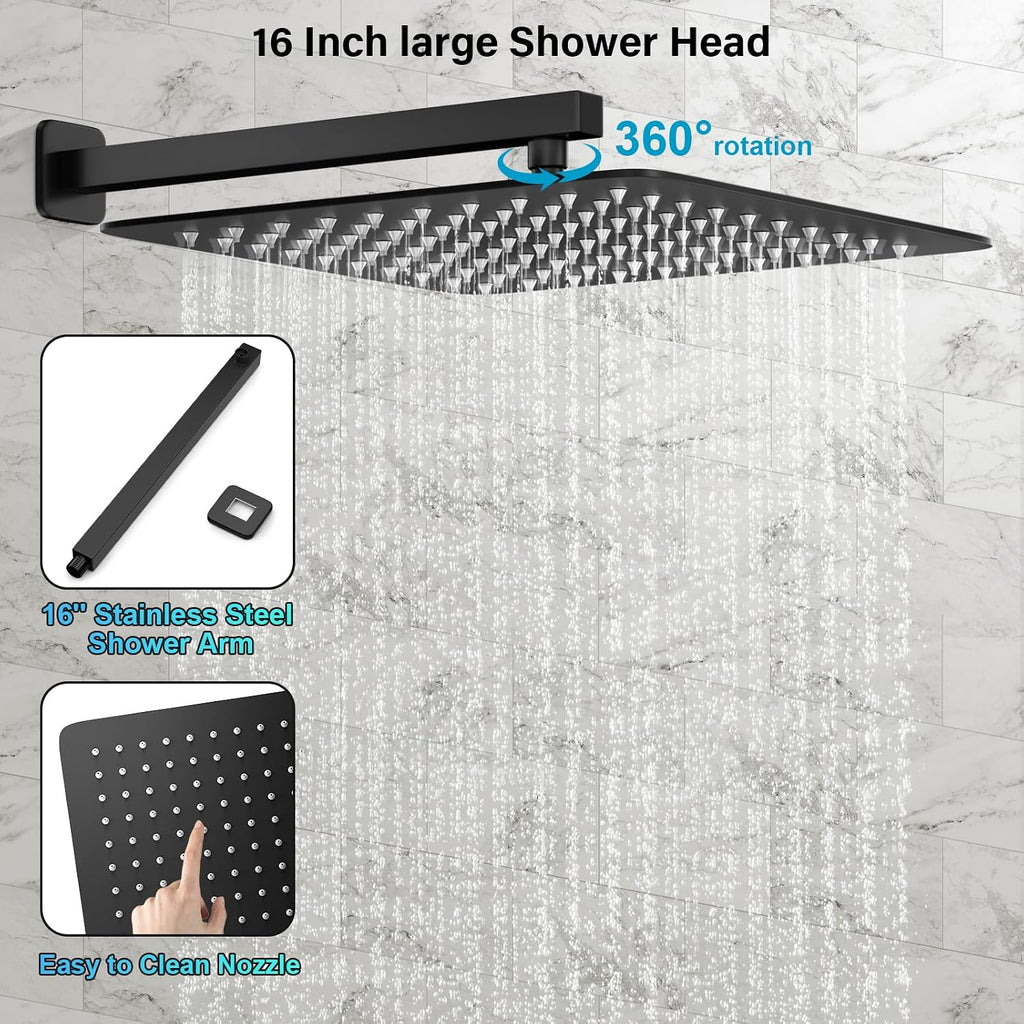 FPXRNG Shower Faucet Set Rainfall Shower System with Square Shower Head and Handle Set Rough-in Valve and Metal Trim Kit Included Matte Black 16 Inch Wall Mounted Shower Fixtures