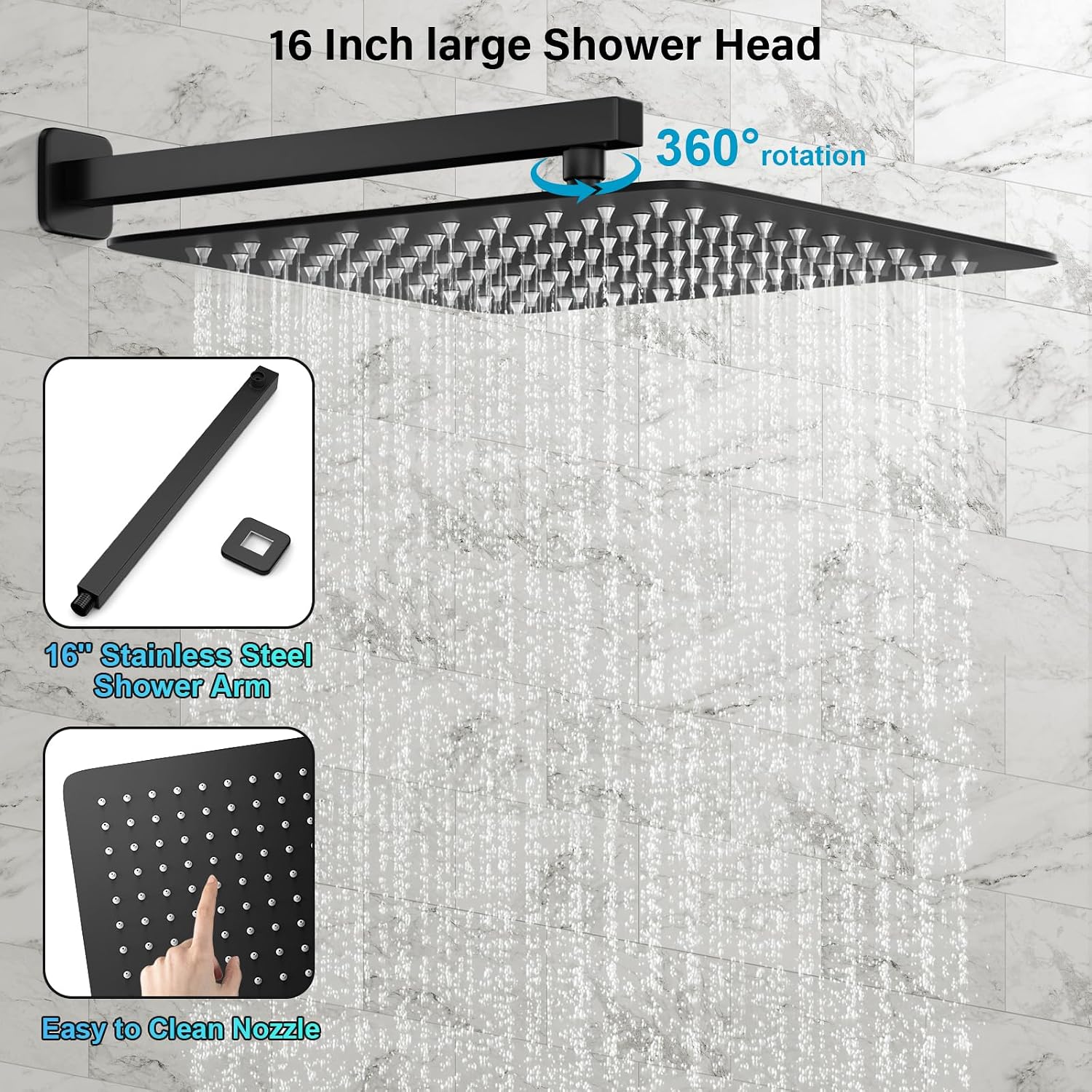 FPXRNG Shower Faucet Set Rainfall Shower System with Square Shower Head and Handle Set Rough-in Valve and Metal Trim Kit Included Matte Black 16 Inch Wall Mounted Shower Fixtures