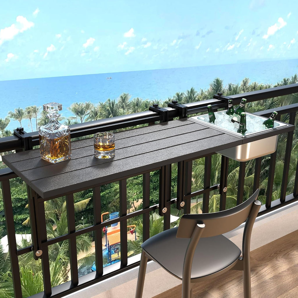 GDLF Upgraded Balcony Table Outdoor Patio Bar Table with Durable Composite Tabletop Aluminum Alloy Frame Hanging Folding Adjustable with Removable Ice Bucket, Easy Assembly (10Mins),43.5' L