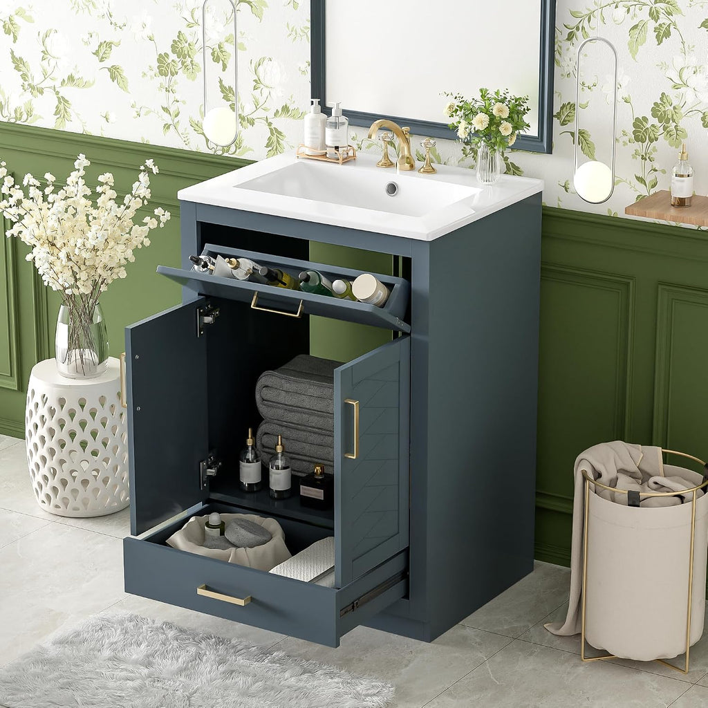 24 Inch Dark Blue Bathroom Vanity with Sink & Integrated Countertop,Freestanding Single Bathroom Vanity with Gold Handles,Tip-Out Tray & Bottom Drawer,Soft Closing Doors,Herringbone Front