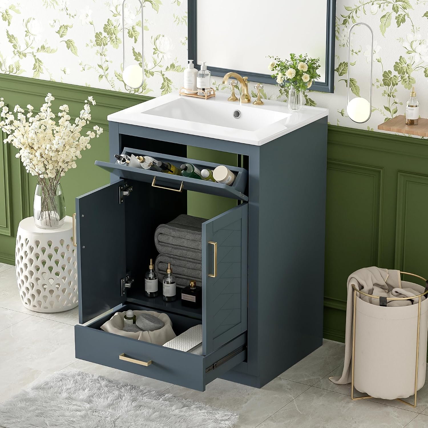 24 Inch Dark Blue Bathroom Vanity with Sink & Integrated Countertop,Freestanding Single Bathroom Vanity with Gold Handles,Tip-Out Tray & Bottom Drawer,Soft Closing Doors,Herringbone Front