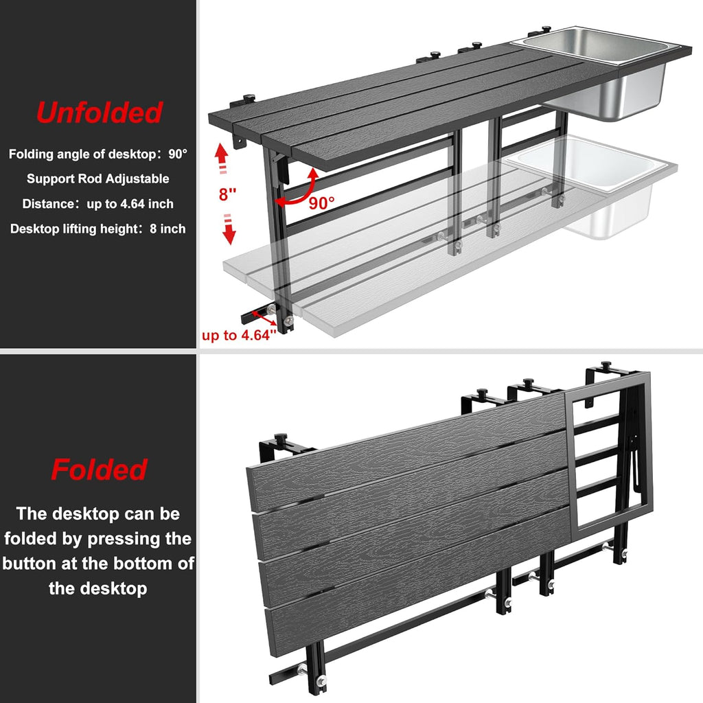 GDLF Upgraded Balcony Table Outdoor Patio Bar Table with Durable Composite Tabletop Aluminum Alloy Frame Hanging Folding Adjustable with Removable Ice Bucket, Easy Assembly (10Mins),43.5' L