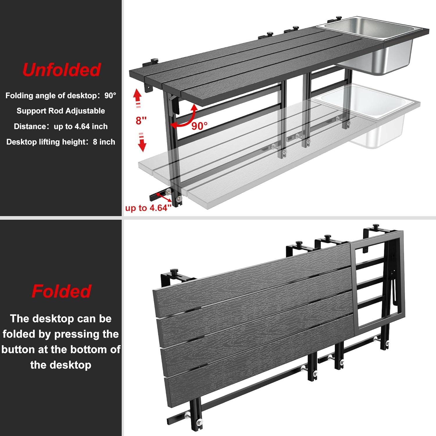 GDLF Upgraded Balcony Table Outdoor Patio Bar Table with Durable Composite Tabletop Aluminum Alloy Frame Hanging Folding Adjustable with Removable Ice Bucket, Easy Assembly (10Mins),43.5' L
