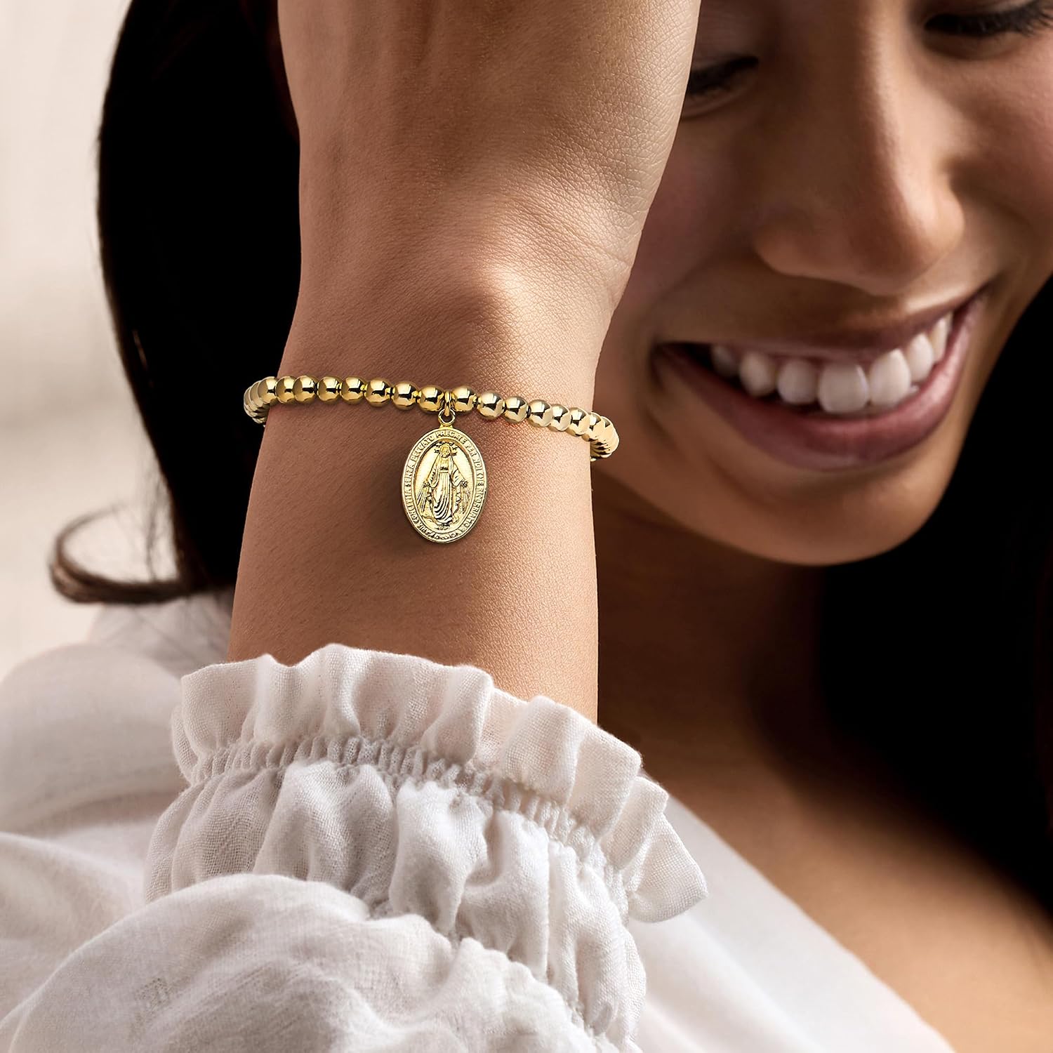 Ross-Simons Italian 18kt Gold Over Sterling Miraculous Medal Bead Stretch Bracelet