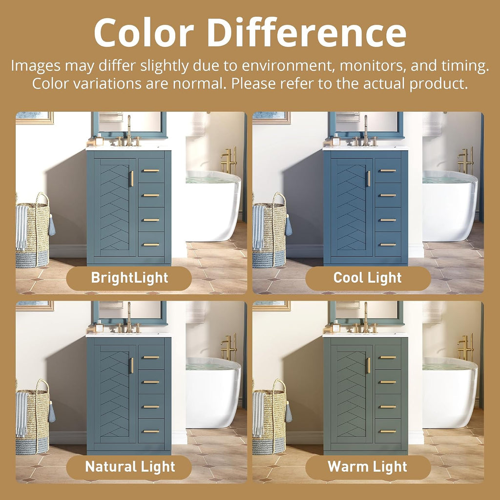 24 Inch Dark Blue Bathroom Vanity with Sink & Integrated Countertop,Modern Freestanding Bathroom Vanity with Single Sink,Gold Handles & Right Hand 3 Drawers,Soft Closing Door,Herringbone Front