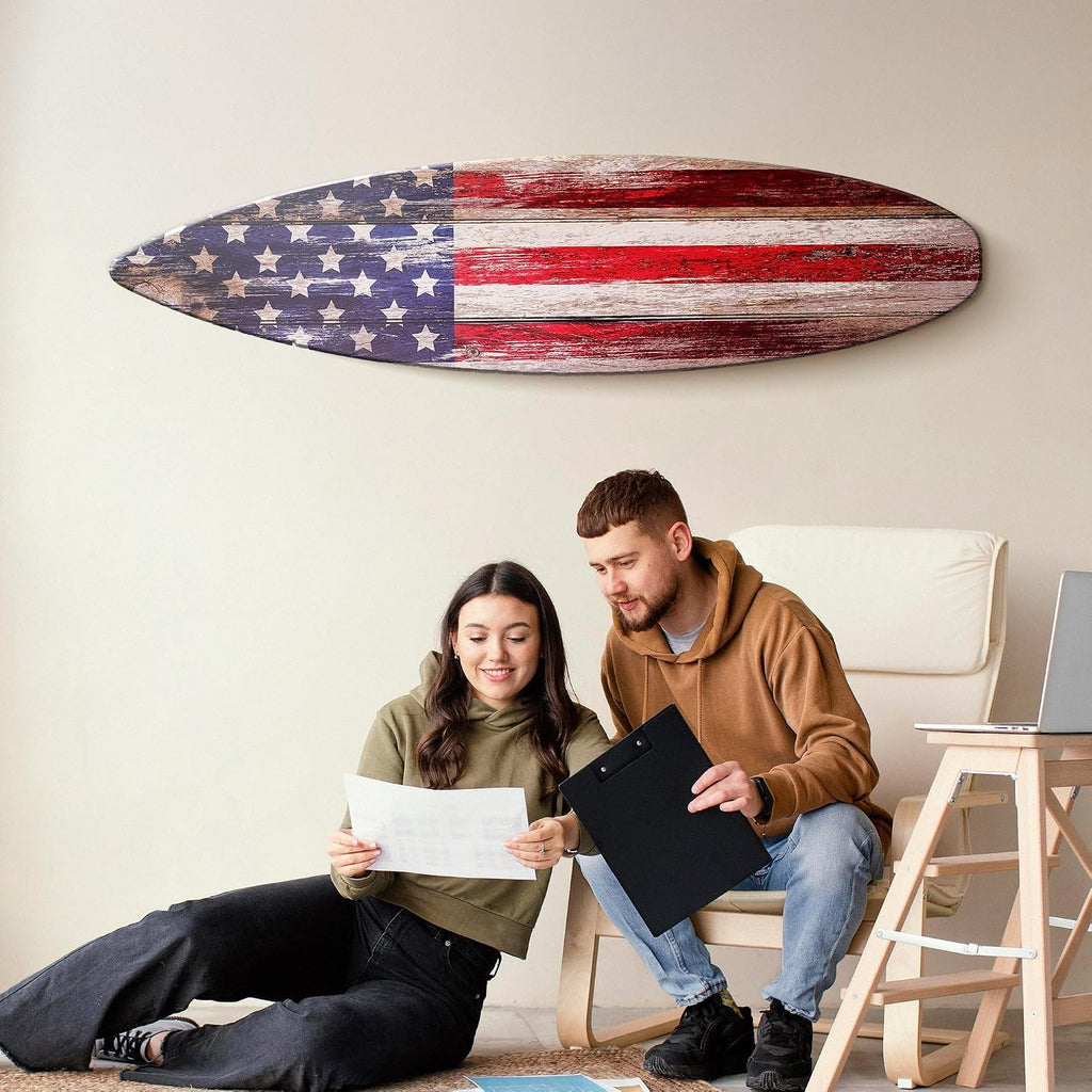 American Art Decor Surfboard Plaque Wall Sign - Beach House Wall Art - Large Tropical/Coastal Home Decor for Living Room, Bedroom, Bathroom, Patio, or Bar (Vintage Americana Flag, 60'x15')
