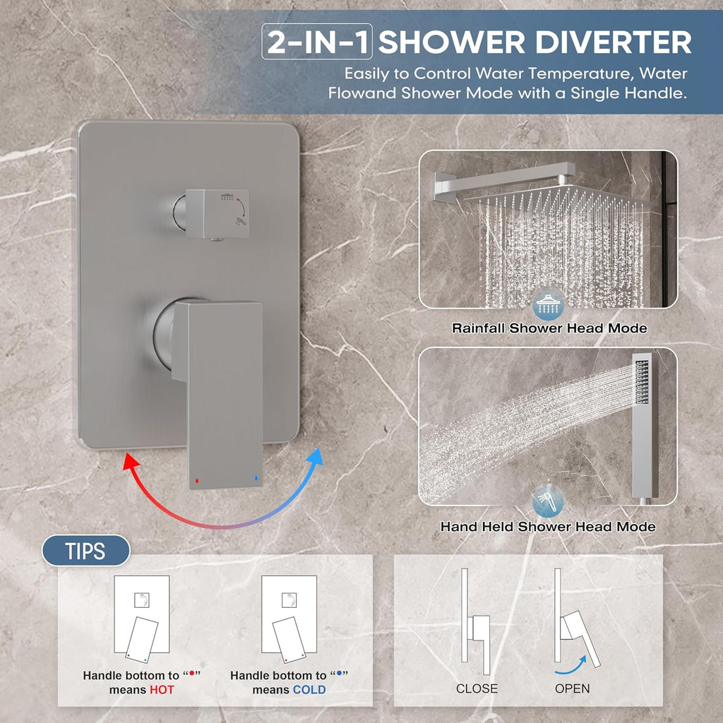 Brushed Nickel Shower System, Shower Faucet Set with 12-Inch Rain Shower Head and Handheld, Wall Mounted High-Pressure Shower Head Combo Set with Shower Valve and Shower Trim, Brushed Nickel
