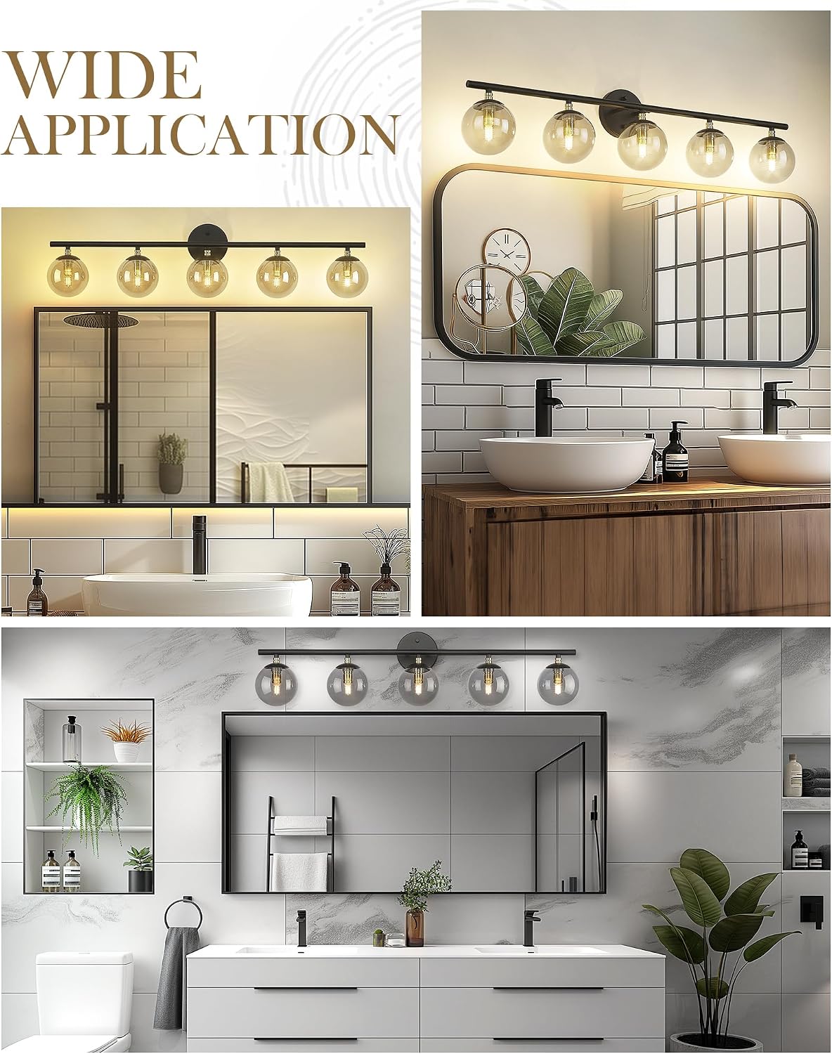 LMS 5-Light Matte Black Vanity Light, Modern Bathroom Lighting Over Mirror, Black and Brass Gold Finish with Globe Glass Shade, LMS-116-5
