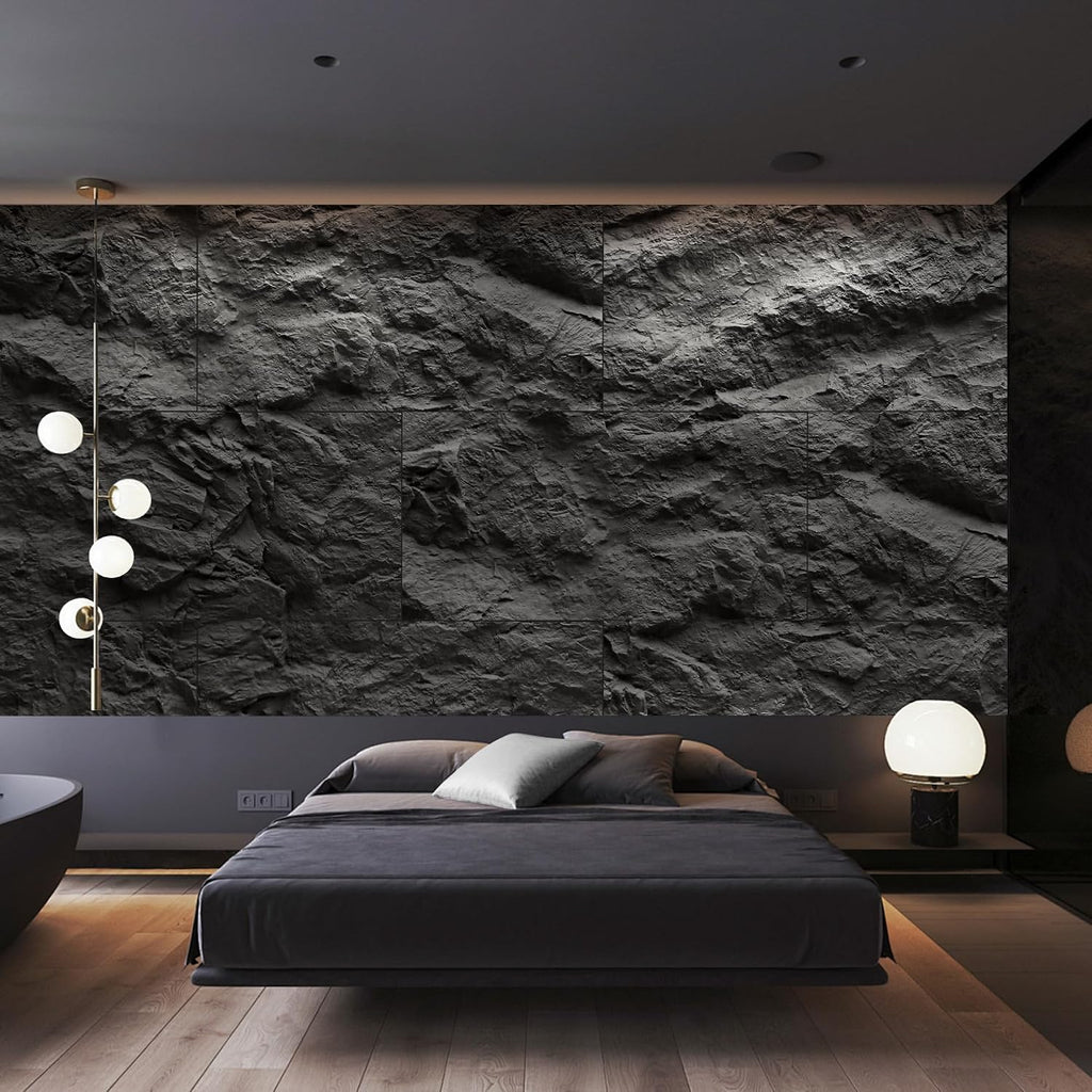 KASARO 3D Faux Stone Wall Panels, 4 PCS PU Wainscoting Panel for Interior Wall Decor, Cement Texture Thicker Accent for Home, Office, 43.3 × 23.6 inch, Black