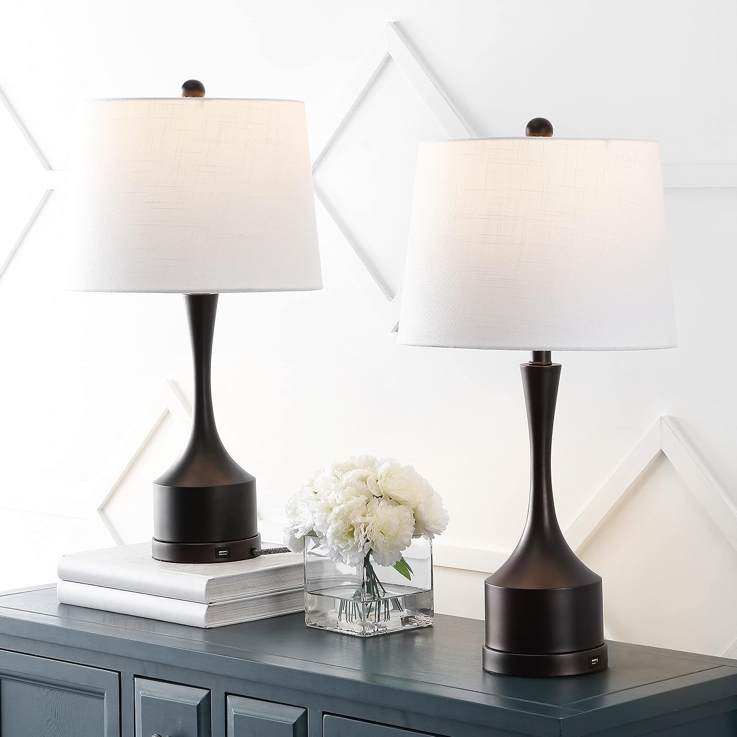 JONATHAN Y 26' Oil Rubbed Bronze Table Lamp Set of 2 with USB Charging Port, French Country Bedside Lamps for Living Room Bedroom Decor, White Linen Shade, LED Bulbs Included (JYL4045C-SET2)