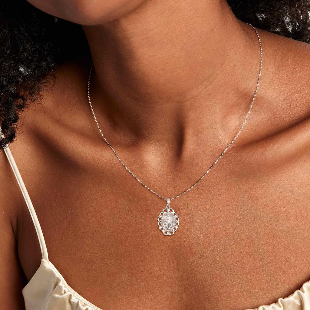 AENEAS 925 Sterling Silver Virgin Mary Necklace for Women, Lady of Guadalupe Virgin Mary Pendant Necklace, Miraculous Medal Religious Christian Jewelry Gift for Mom Wife Her Birthday Anniversary Special Occasions