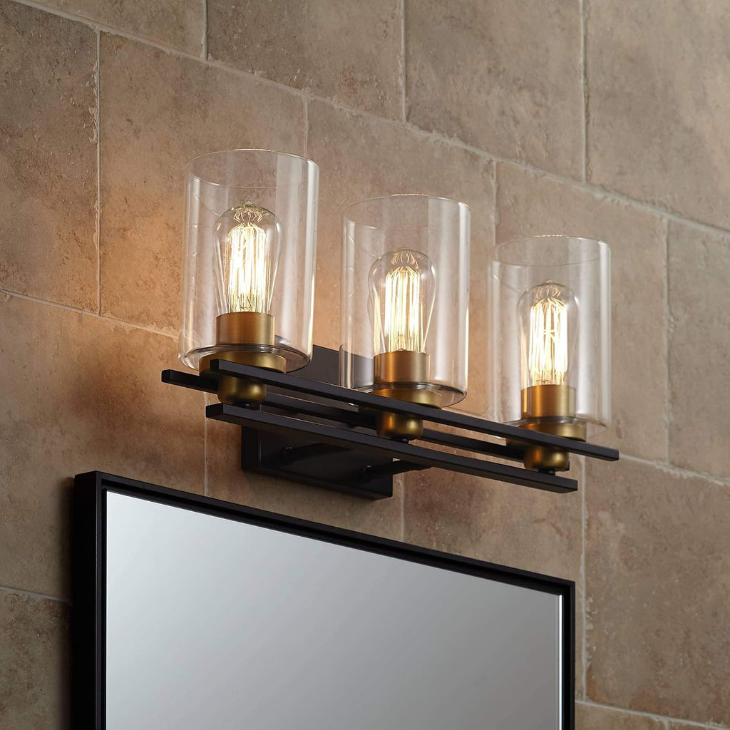 Possini Euro Design Demy Vintage Industrial Wall Mount Light Oil Rubbed Bronze Gold Hardwired 20' Wide 3-Light Fixture Clear Glass Cylinder Shade for Bathroom Vanity Mirror House Home Room Decor