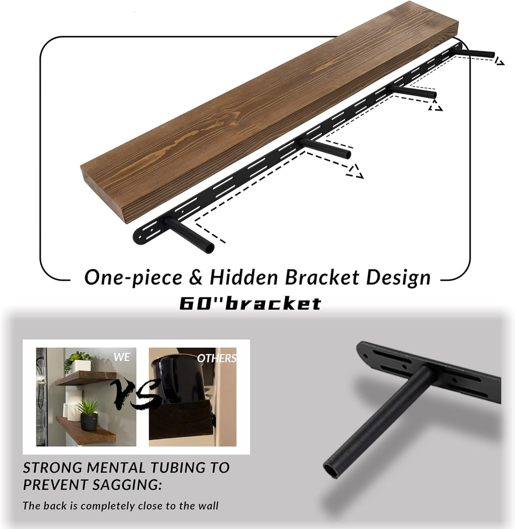 Floating Shelves 60 inch Long for Wall, Rustic Wood Wall Mounted Shelves for Living Room Kitchen,Fireplace Mantel Shelves 60 inch,with Sturdy Metal Hidden Bracket,60x8x2-1 PCS -Walnut