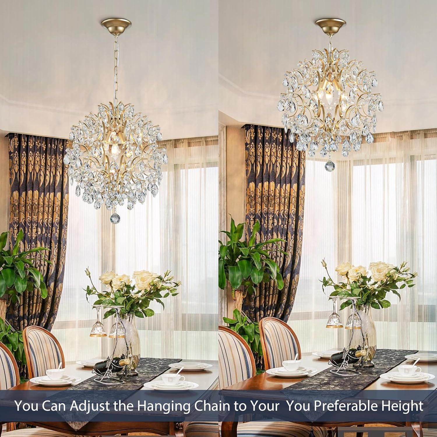 Bestier Modern Gold Pendant Chandelier Crystal Raindrop Lighting Ceiling Light Fixture Lamp for Dining Room Bathroom Bedroom Livingroom entryway 3 E12 Bulbs Required D16 in x H18 in