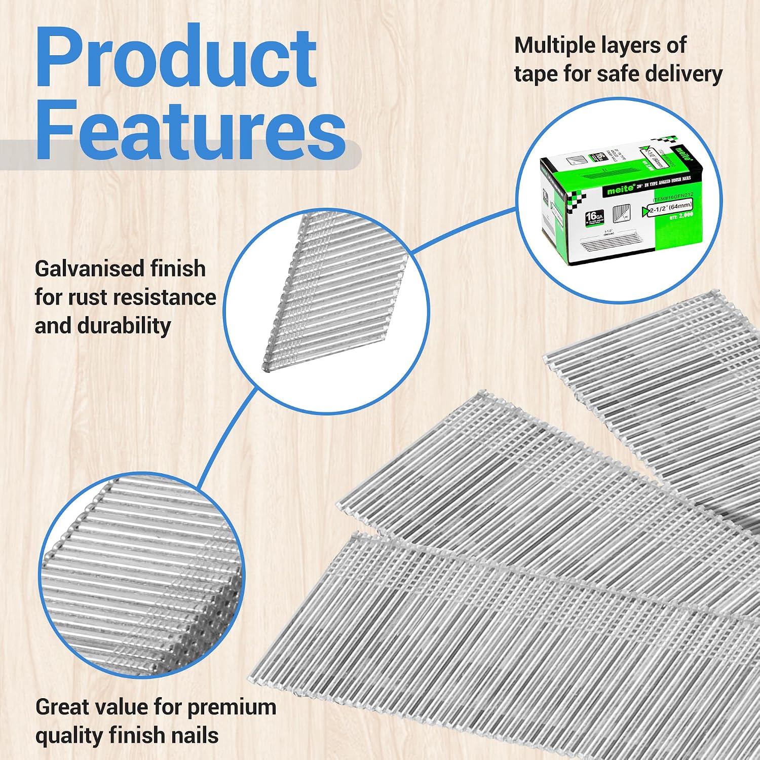 meite 16 Gauge 20 Degree Angled Finish Nails 2-1/2 Inch Leg Galvanized No-rust Finishing Nails for Finish Nailer Gun - Cabinet Crown Baseboard 10,000PCS