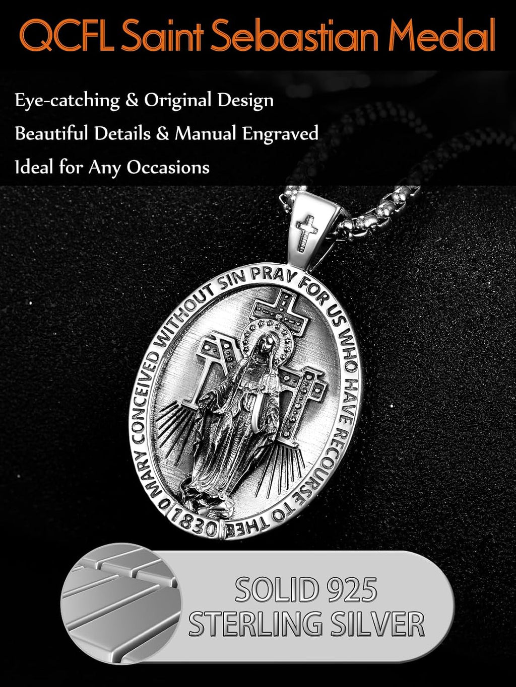 Patron Saint Medals 925 Sterling Silver Amulet Necklace Protection Jewelry for Men with 2.5mm 22'+2' Round Box Chain
