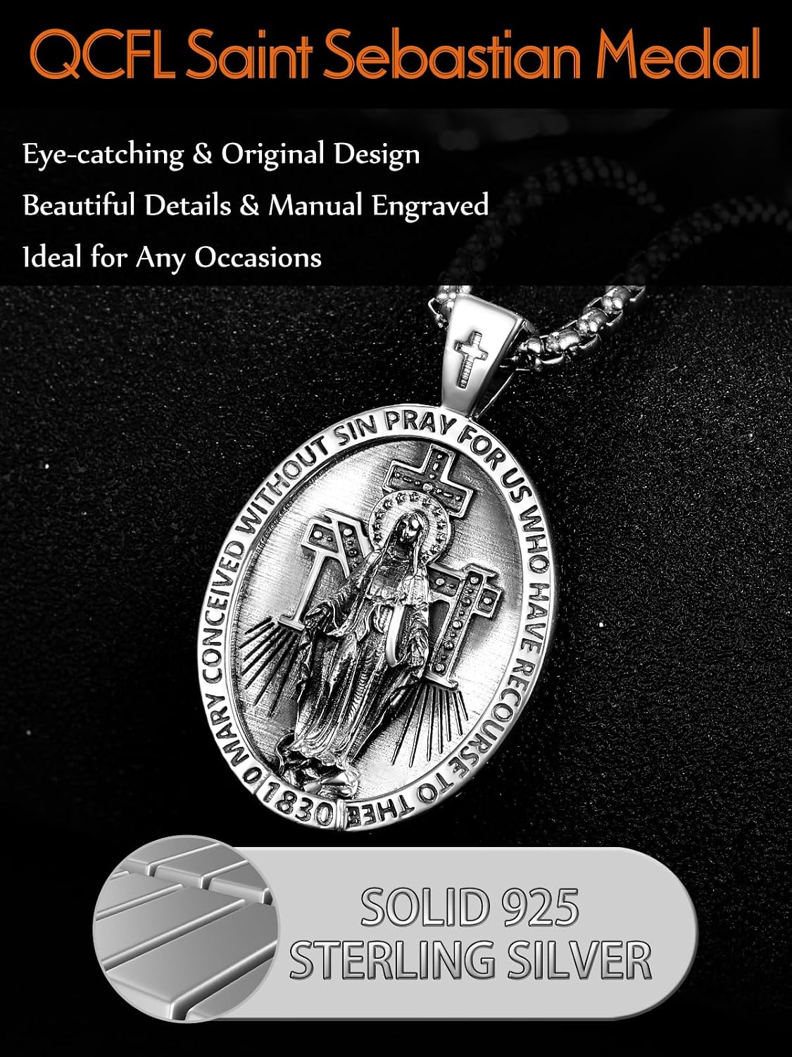 Patron Saint Medals 925 Sterling Silver Amulet Necklace Protection Jewelry for Men with 2.5mm 22'+2' Round Box Chain