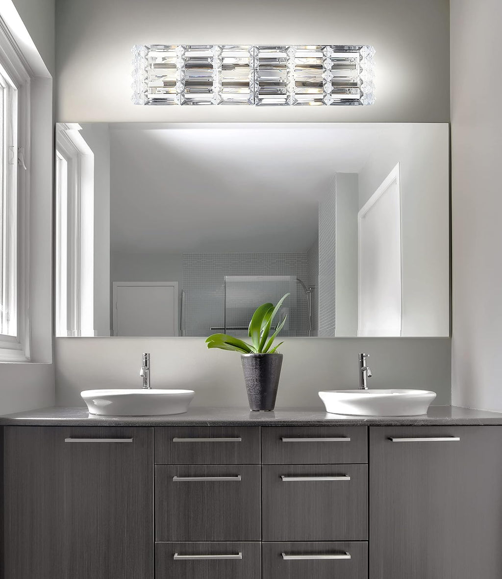 JONATHAN Y 24.25' Chrome Modern Crystal Vanity Light, LED Bathroom Wall Sconce, 3-Light Fixture for Mirror, Glam Lighting with Clear Crystal Shade, Art Deco Makeup Wall Lamp (JYL7540A)