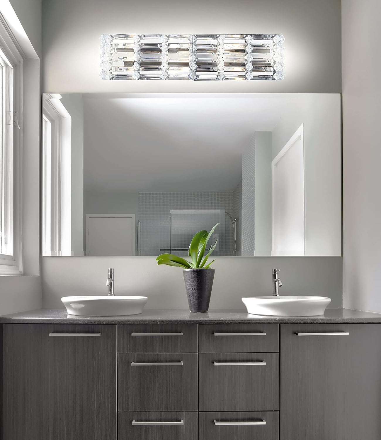 JONATHAN Y 24.25' Chrome Modern Crystal Vanity Light, LED Bathroom Wall Sconce, 3-Light Fixture for Mirror, Glam Lighting with Clear Crystal Shade, Art Deco Makeup Wall Lamp (JYL7540A)