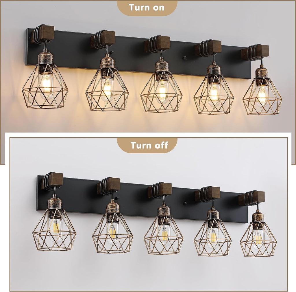 Farmhouse Bathroom Vanity Light Fixtures, 5-Light Wood Bathroom Light Fixtures Over Mirror, Rustic Sconces Wall Lighting with Elegant Metal Lampshade for Living Room, Bedroom, Hallway