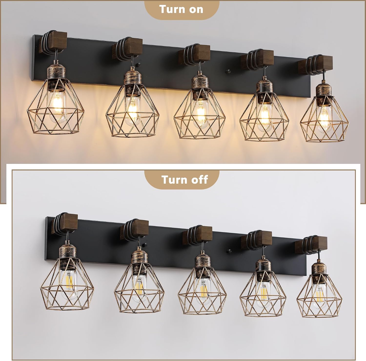 Farmhouse Bathroom Vanity Light Fixtures, 5-Light Wood Bathroom Light Fixtures Over Mirror, Rustic Sconces Wall Lighting with Elegant Metal Lampshade for Living Room, Bedroom, Hallway
