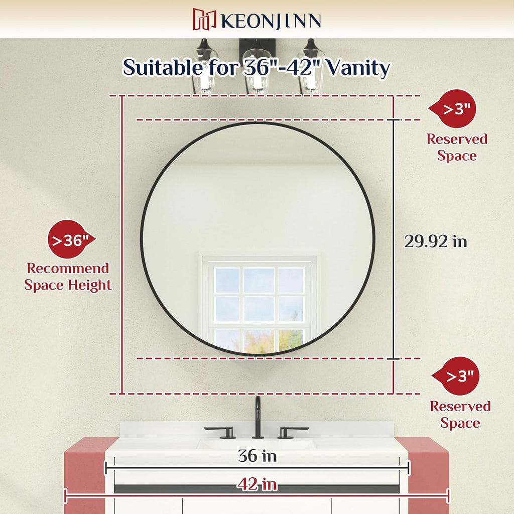 Keonjinn 30 Inch Round Lighted Medicine Cabinet, White LED Medicine Cabinet Mirror, Circle, Electrical Outlet, 3 Color Lights, Anti-Fog, Dimmable, Surface Mount Only