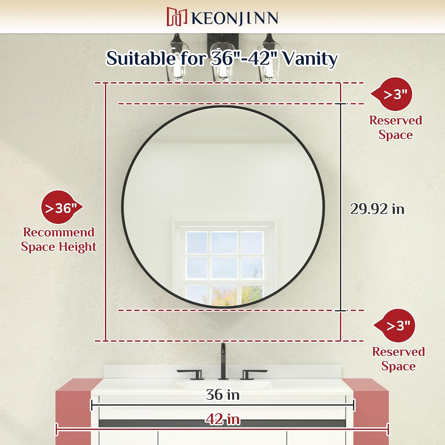 Keonjinn 30 Inch Round Lighted Medicine Cabinet, White LED Medicine Cabinet Mirror, Circle, Electrical Outlet, 3 Color Lights, Anti-Fog, Dimmable, Surface Mount Only
