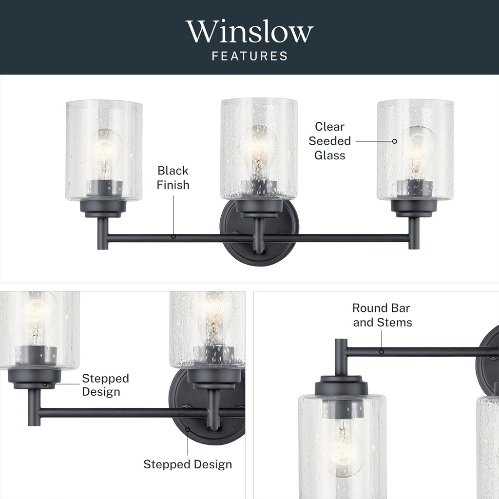 Kichler Winslow 21.5' 3-Light Bathroom Vanity Light Fixture with Clear Seeded Glass in Black, Modern Wall Mount Lighting for Mirror over Vanity in Bathroom, 45886BK