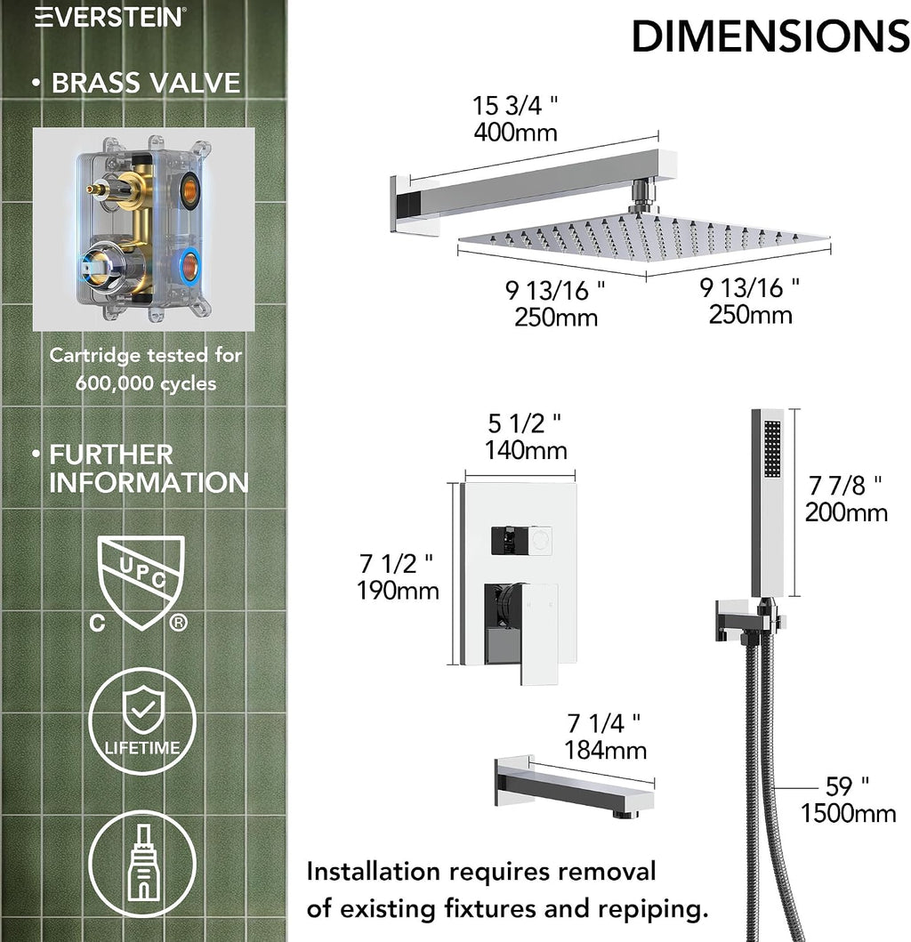 Shower Tub Faucet Set, 10' Bathroom Rainfall Shower Head Fixtures Combo with Handheld Spray and Tub Spout, Chrome (Valve Included)