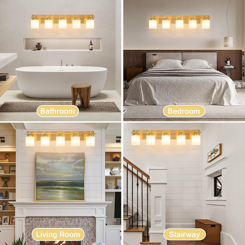 Modern Bathroom Light Fixtures Over Mirror, Vanity Lights for Bathroom Wall Sconces with Milky White Glass Shades, E26 Socket (Bulbs Not Included), 5 Light, Brass