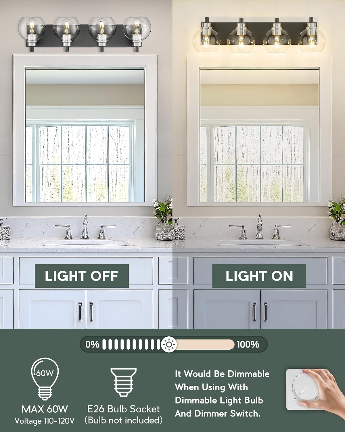 Bathroom Light Fixtures, 4-Light Black and Brushed Nickel Bathroom Vanity Light, 26 Inch Modern Wall Sconces with Globe Clear Glass Shade, Vanity Lighting Fixtures Over Mirror, VL195-KN-4