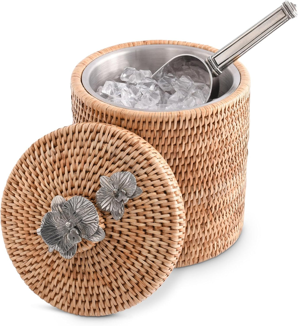 Vagabond House Wicker Ice Bucket with Pewter Orchid Knob, Stainless Steel Lining, Hand Woven Rattan, 8 Inches Tall - Perfect Beach Essentials, Beach House - Champagne Holder Basket Woven Decor