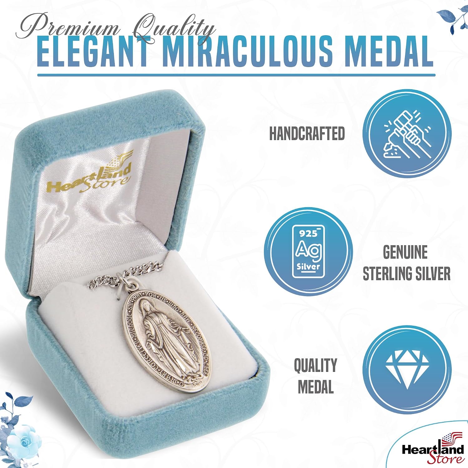 Heartland Store Oval Sterling Silver Miraculous Medal Necklace for Men–Tarnish Resistant, Hand-Finished in USA, Thoughtful Religious Present for Holidays & Special Occasions with Various Chain Sizes