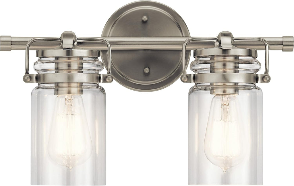 Kichler Brinley 15.75' Vanity Light in Brushed Nickel, 2-Light Farmhouse Bathroom Vanity Light with Clear Glass, (15.75' W x 10' H), 45688NI