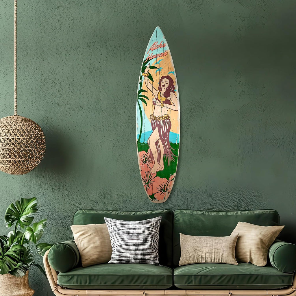 American Art Decor Aloha Hawaii Surfboard Plaque Wall Sign - 60'x15'