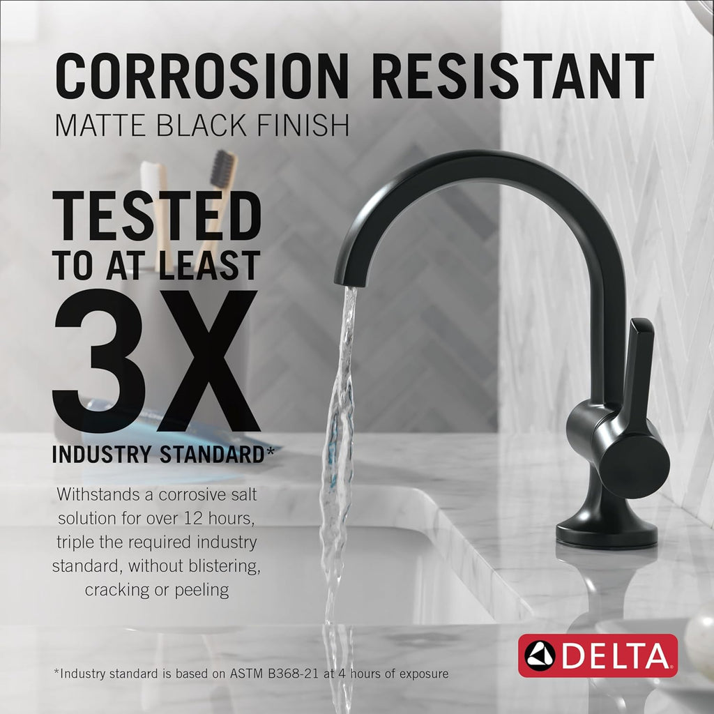 Delta Albion Matte Black Bathroom Faucet 1 Hole, Single Hole Bathroom Sink Faucet for Vanity, Metal Push-Pop Drain Assembly, Matte Black 15855LF-BL