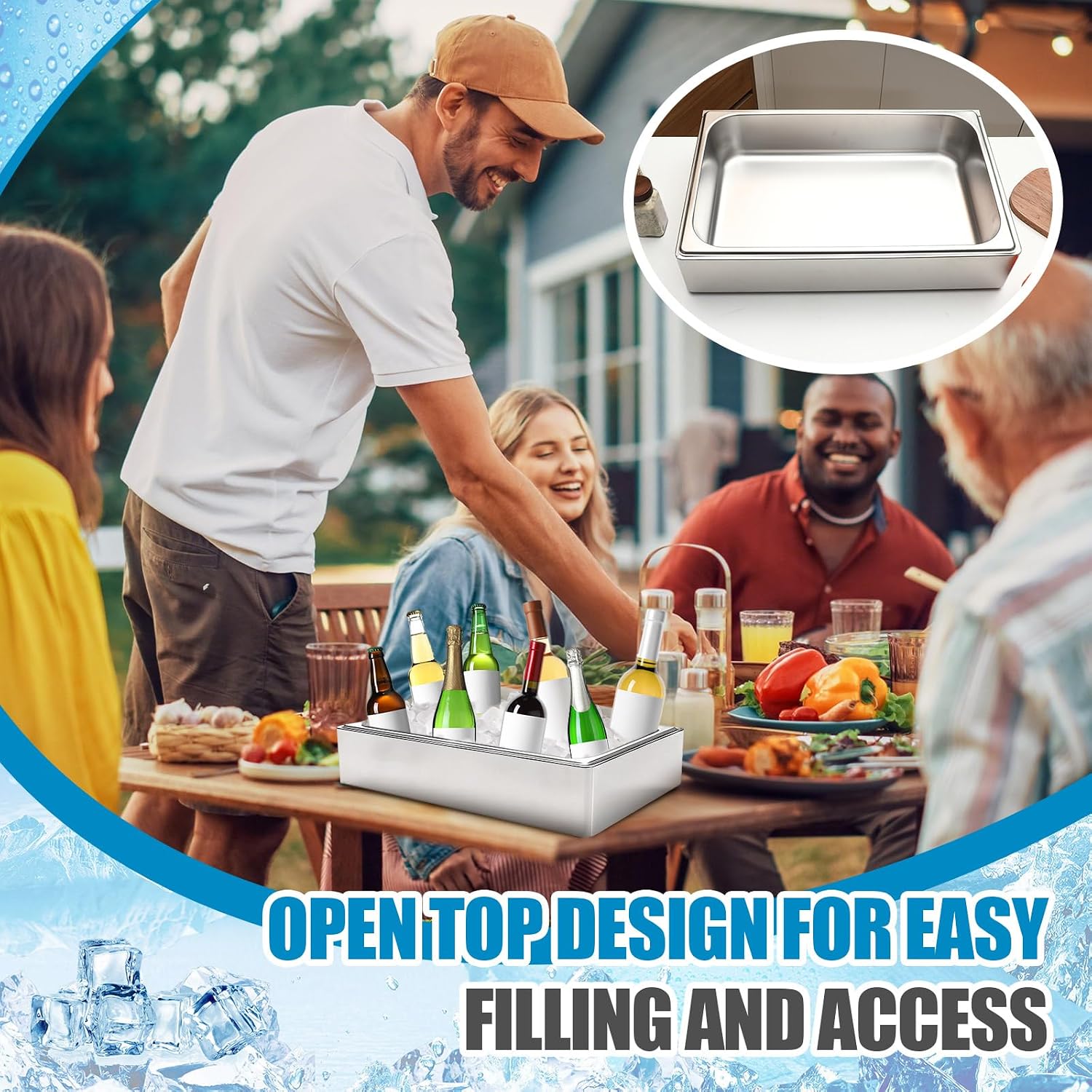 Honeydak Large Ice Housing Bin with Removable Tray Ice Holder Container Wine Beer Champagne Drink Bucket Beverage Tub for Freezer Display Buffet Counter Party Chiller(Stainless Steel,21' X 13' X 5.5')