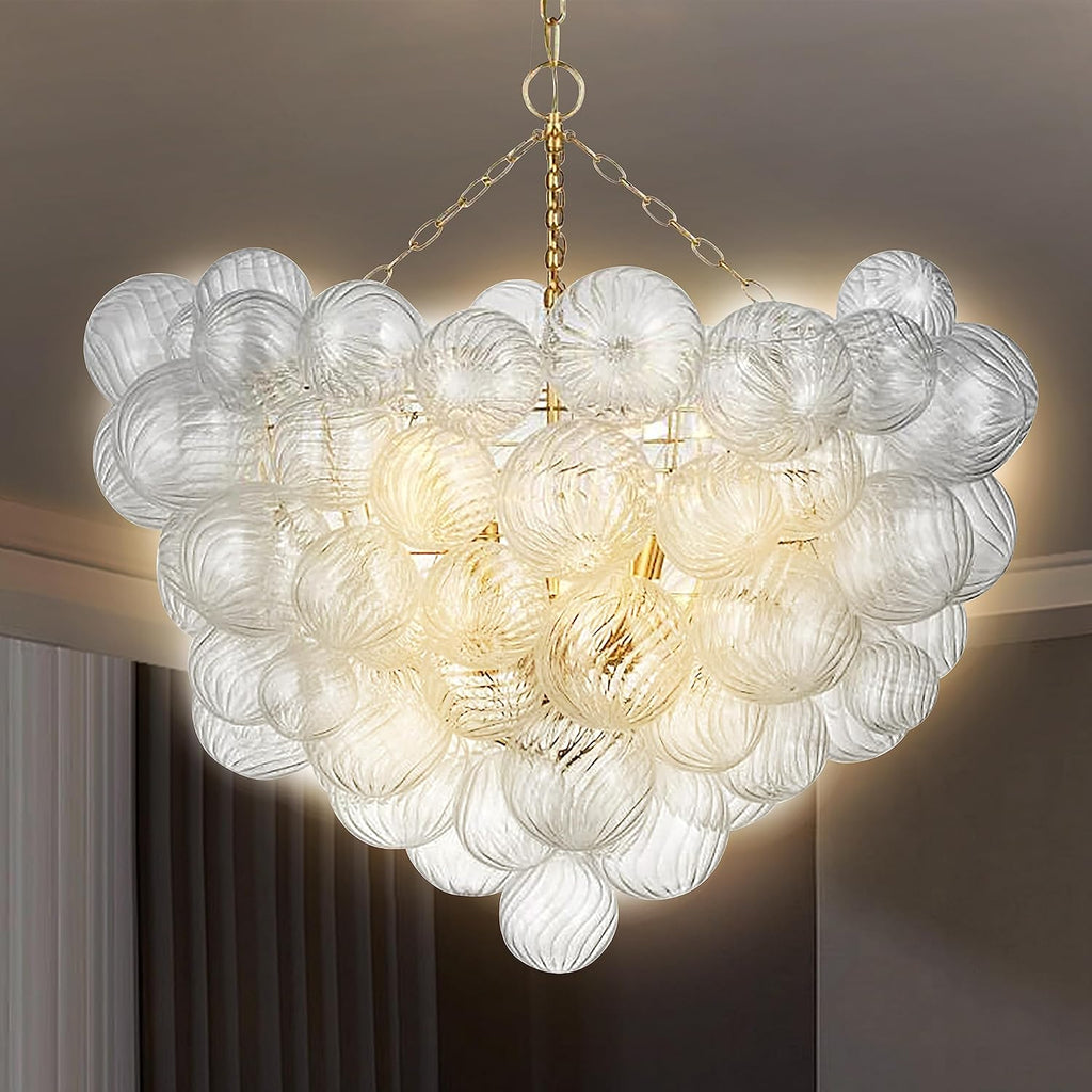 Mid Century Bubble Ball Chandeliers Dia 36 Inch Decorative Lights Swirled Ribbed Glass Clear Blown Glass Globe Chandelier Large Pendant Light Fixture for Bedroom Dining Room Over Table
