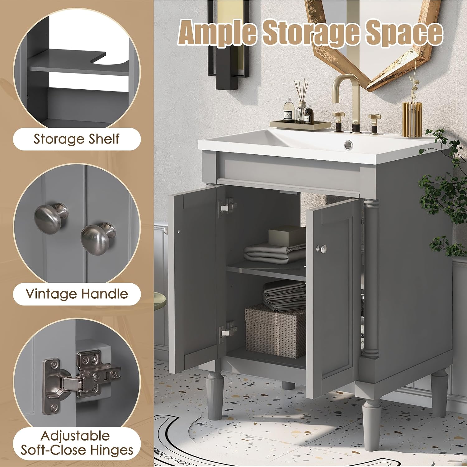 Virubi 24 Inch Bathroom Vanity with Single Sink Combo Set, Modern Bathroom Storage Cabinet with Double Soft Closing Doors, Solid Wood Frame Bathroom Vanities.